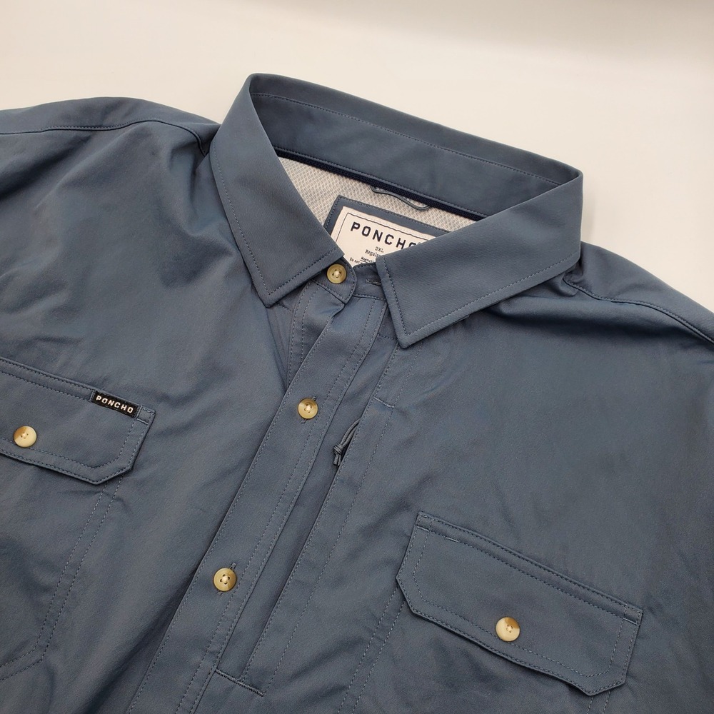 Poncho Outdoors Mens 3XL Regular Fit Magnetic Pocket Fishing Shirt Blue SS-1009